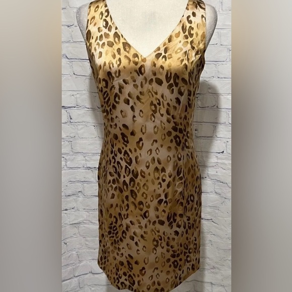 Impressions Leopard Brown Tan V-neck Slip Mini Dress - Picture 1 of 5